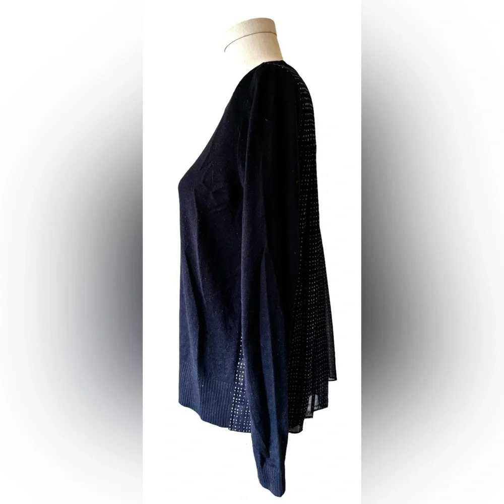 LOFT Mixed Media Pleated Chiffon Sweater, Navy blue plaid, size medium - Picture 8 of 13